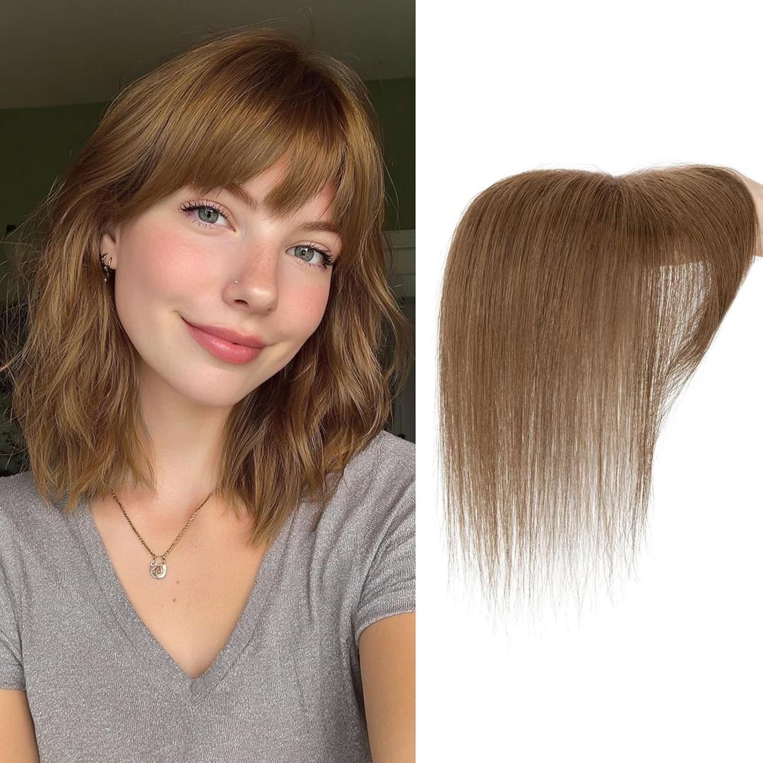 S-noilite Hair Toppers for Women Real Human Hair, 8 * 11inch Handmade Base Human Hair Topper with French Bangs 3603D Cover Clip in Bangs(Caramel Brown,11Inch)
