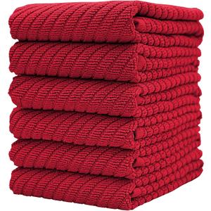 Premium Kitchen Towels (16x 25, 6 Pack) | Large Cotton Kitchen Hand Towels | Dish Towels | Diagonal Weave Design | 445 GSM Highly Absorbent Tea Towels Set with Hanging Loop | Red