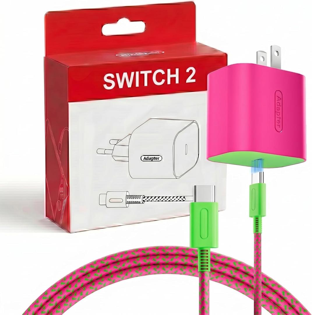 TPC 60W Charger for Nintendo Switch 2, 20V 3A AC Adapter Fast Charging with 6.6FT Braided USB-C Cord, Compatible with Switch 1, Lite, OLED, Steam Deck, Support 4K TV Mode (Magenta & Green)