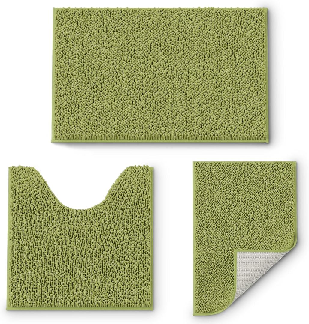 Sage Green Bathroom Rugs Sets 3 Pieces, Chenille Bathmat, Ultra Soft Bath Rug, and Absorbent Rug Set, Machine Wash Carpet Set for Bathroom, Tub, Shower (16" x 24" & 20" x 32"& 20" x 20" U shape)