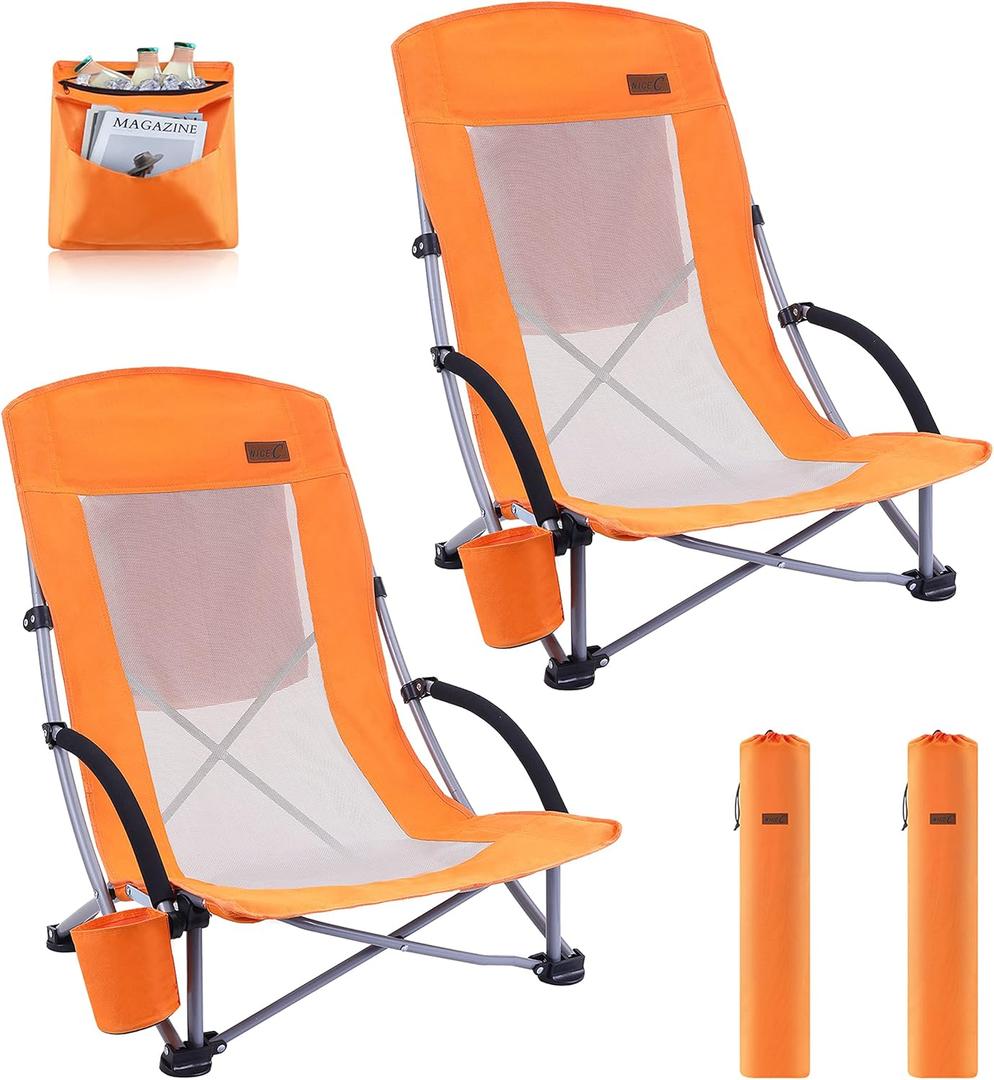 Nice C Beach Chair, Beach Chairs for Adults 2 Pack w/Cooler Compact High Back, Cup Holder & Carry Bag & Heavy Duty Outdoor, Camping, BBQ, Travel, Picnic, Festival (Set of 2 Orange)