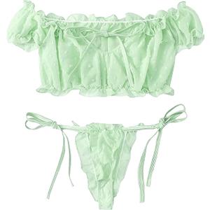 Lilosy Sexy Stretch Ruffle Tie Sheer Mesh Lingerie Set Outfits Large