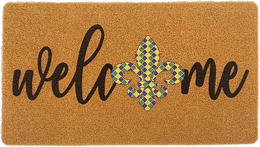 Mardi Gras Welcome Door Mat Outside Entrance, Faux-Coir Thin Doormat, Holiday Outdoor Decoration Outdoor Porch-Rug 17"X30" Non-Slip Dirt-Trapping for Home Garden Farm Spring Decor