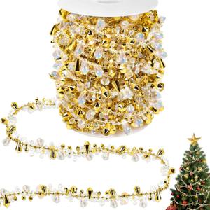 33ft Christmas Tree Garland Bead Decoration, Gold Beaded Garland for Christmas Tree Clear Iridescent Bead Twist String Decor, Garlands for Xmas Ornaments Wedding Party Home Decor