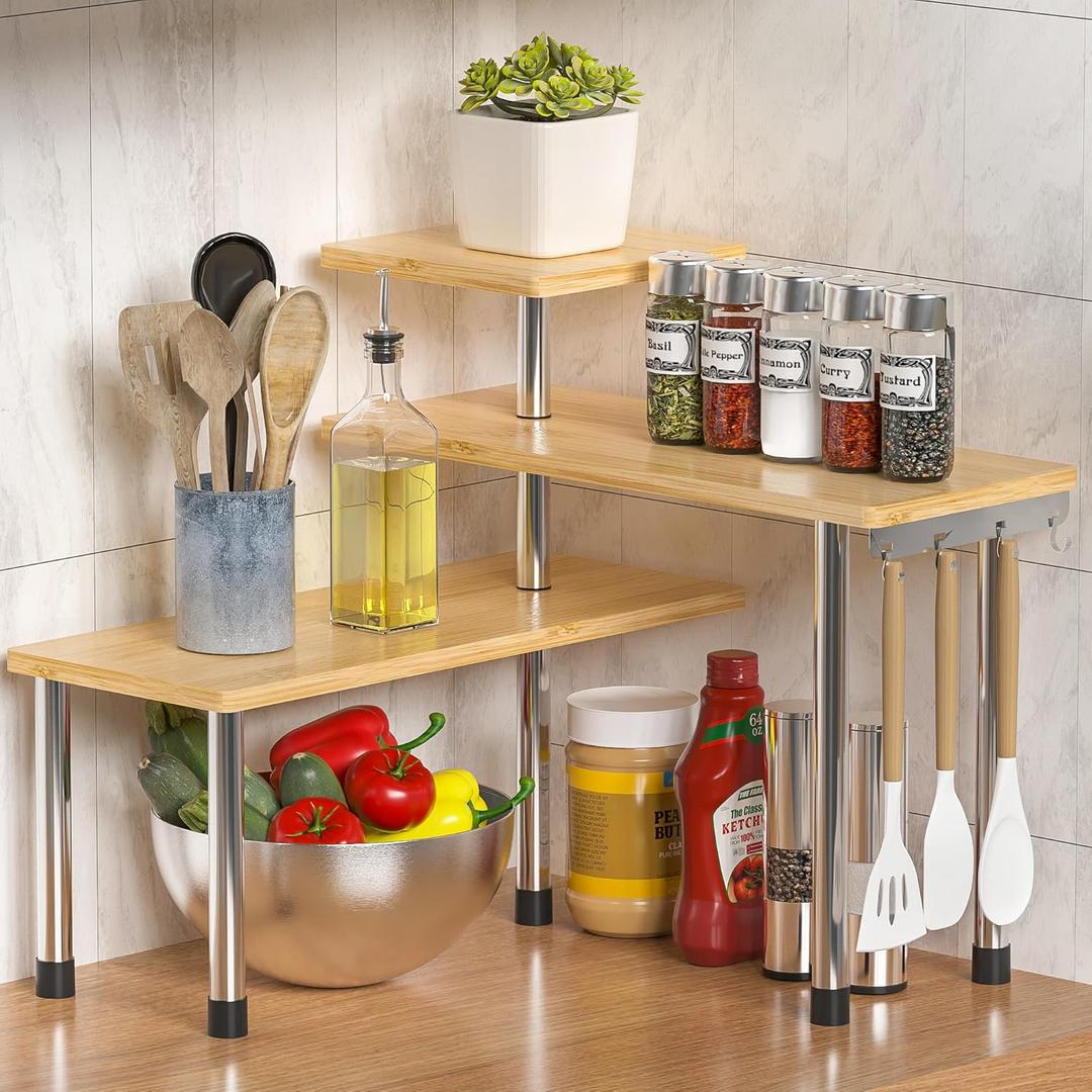 ZHWS Kitchen Countertop Organizer Spice Rack for Salt, Bathroom Counter Organizer Over Sink for Makeup, Skincare, Adjustable 3-Tier Corner Counter Shelf with 4 Hooks for Coffee Bar Dresser Table (16.9x16.9x15.3, Bamboo)