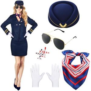 Xtinmee 7 Pcs Halloween Flight Attendant Costume Women's Pilot Captain Cosplay Accessories Pilot Hat Role Outfits(Navy,M)