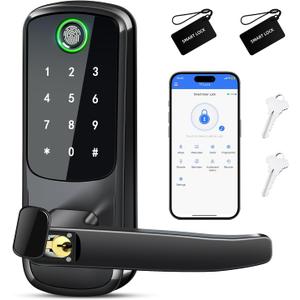 Keypad Smart Door Lock with Handle,Keyless Entry Digital Lock for Front/Interior Door,Fingerprint Electronic Door Knob with APP Control,Easy Installation,Smart Locks for Front Door/Bedroom/Office