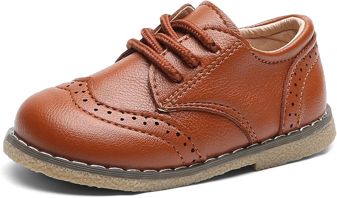 DADAWEN Toddler Boys Girls Dress Shoes Comfort Oxford Shoes Wedding Church Dress Shoes Lace Up School Uniform Loafer Flats (Toddler/Little Kid) (Brown), Size: 8 Toddler