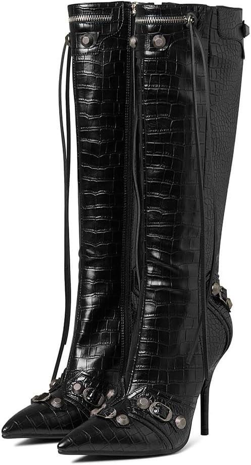Oiamenne Knee High Boots for Women Fashion Slide Zipper Pointed Toe Stiletto Studded High Heel Rivets Tassel Boots Party Dress Shoes (7, Stone-pattern-black)