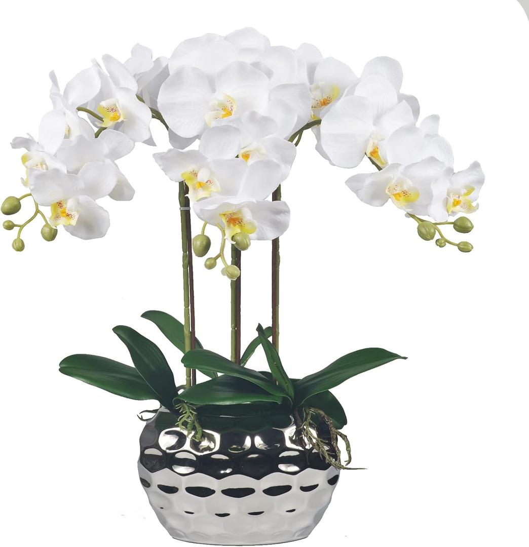 W&W Artificial Orchid Plants & Flowers Arrangement in Ceramic Pot, Fake Faux White Orchid with Silver Vase, Faux Orchids for Home Decor Indoor