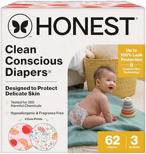 The Honest Company Clean Conscious Diapers for Delicate Skin | Up to 100% Leakproof | Hypoallergenic, Fragrance Free | Girl Prints | Club Box, Size 3 (16-28 lbs), 62 Count (Prints May Vary)