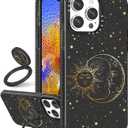 (2in1 for iPhone 14 Pro Case Sun Moon Stars for Women Girls Phone Cases Space Planets Golden Star Design Cute Aesthetic Soft TPU Bumper Fashion Unique Cover+Ring Holder for 14Pro 6.1"