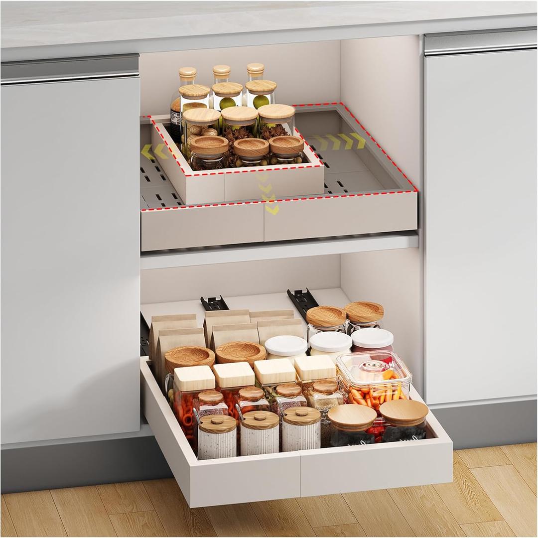 Pull out Cabinet Organizer,3 Sliding Rails,Width (11"-16"),Depth (13"-17") Expandable,No Drill Adjustable Slide out Drawers for Kitchen,Pantry, Adhesive Roll out Shelves,for Cabinets Without Lip,White