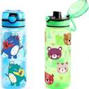 23oz Kids Water Drinking Bottle 2 Pack - BPA Free, Auto Push Button, Chug Lid, Carry Loop Lightweight, Spill-Proof Water Bottle with Cute Design For Girls & Boys - Dinosaur & Bear