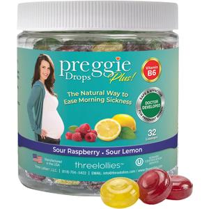 Three Lollies Preggie Pop Drops Plus Pregnancy Candy, Sour Mix, 32 Count | Pregnancy support candy with vitamin B6 and essential oils; sour raspberry and lemon flavors, 32 count. (EXP 08/30/28)