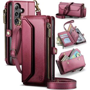 Strapurs Wallet Case Compatible with Samsung Galaxy S25 5G RFID Blocking Card Holder Soft PU Leather Magnetic Snap Shoulder Strap Zipper Pocket Phone Case Fit for Galaxy S25 - Wine Red