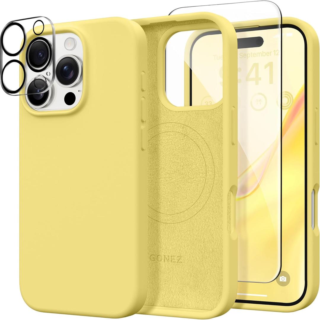 GONEZ Magnetic for iPhone 16 Pro Case, Compatible with MagSafe, [Screen Protector + Camera Lens Protector], Silicone Shockproof Anti-Scratch Protective Phone Case 6.3 inch, Yellow