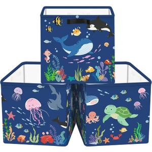 Clastyle 3 pcs Ocean Animals Cube Storage Unit Bin with Metal Frame Foldable Kallax Box for Shelves Parents Closet Organizer Basket for Book Clothes Toy Organizer, Blue, 11.8x11.8x11.8 in