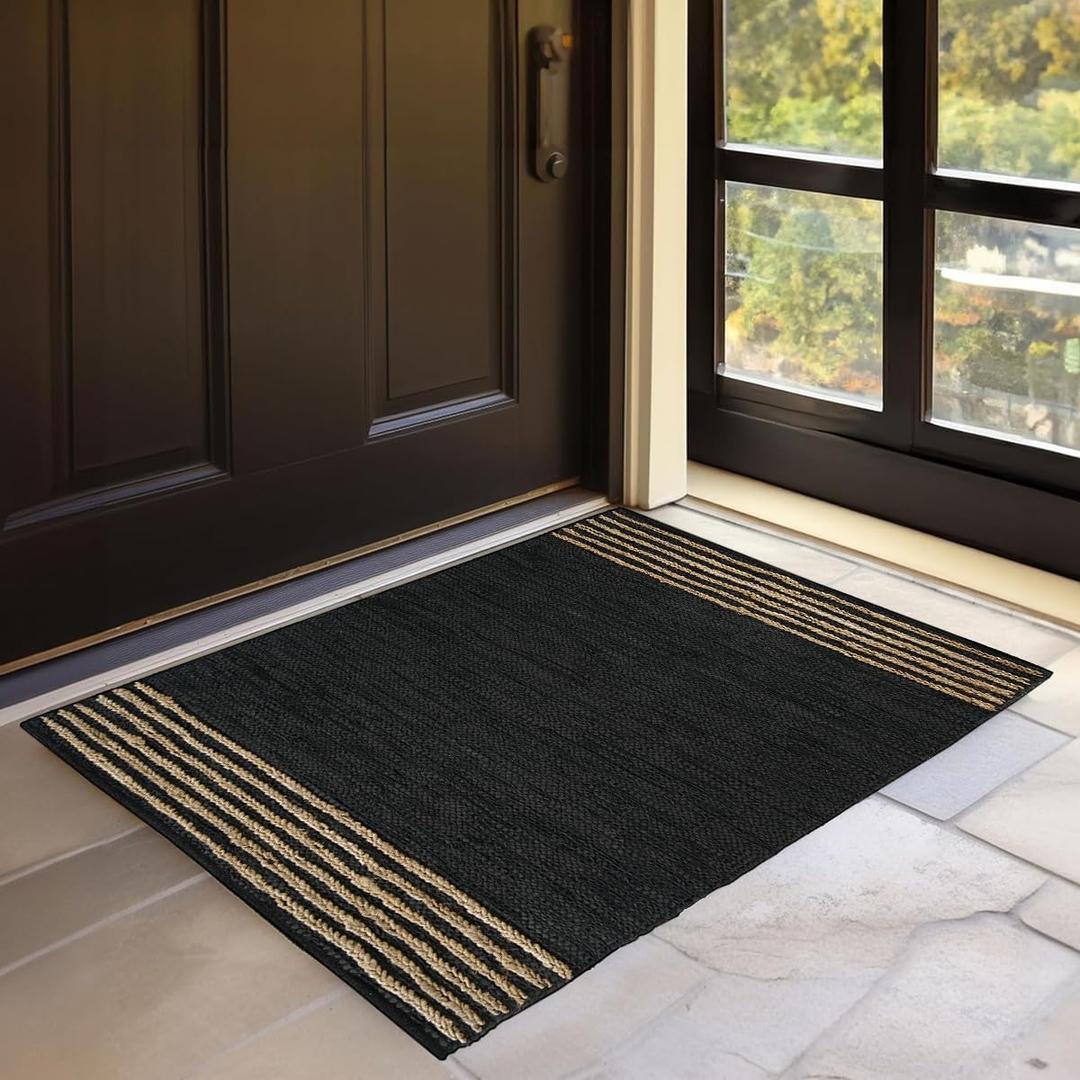 GRUHUM Jute Area Rug 2x3ft - Natural Fiber Black Rectangular Leather Handwoven Boho Farmhouse Soft Braided Rustic Vintage Ecofriendly Rugs Indoor Living Room Kitchen Hallways Enterways (2x3ft Doormat)