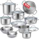 Mueller Pots and Pans Set 17-Piece, Ultra-Clad Pro Stainless Steel Cookware Set, Ergonomic EverCool Handle, Induction Cookware, Includes Saucepans, Skillets, Dutch Oven, Stockpot, Steamer For Cooking (17, Silver)