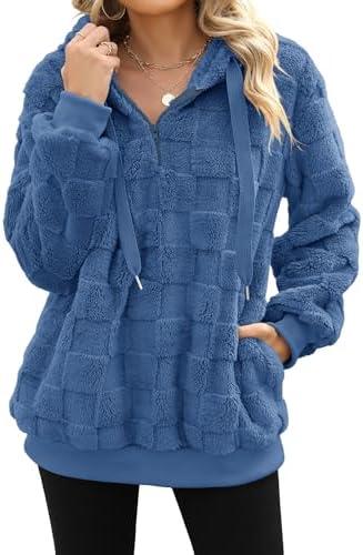 Yanekop Womens Quarter Zip Up Sweater Hoodie Oversized Sherpa Hoodie 1/ 4 Zip Pullover Sweaters Winter Fleece Jacket Coat(D Dark Blue, 3XL)