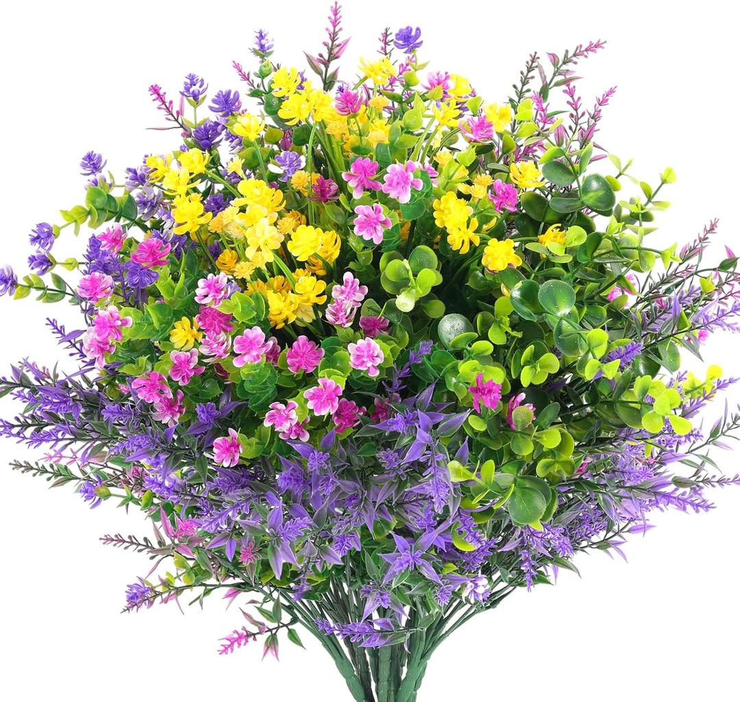 Hananona 12 Pcs Artificial Flowers Outdoor, Faux Artificial Plants UV Resistant Plastic Flower Bulk for Hanging Planter Porch Window Home Wedding Fall Summer Decor (12, Fuchsia, Purple, Yellow, Green)