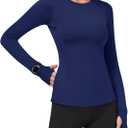 Loovoo Thermal Shirts for Women Long Sleeve Workout Tops Crewneck Fleece Base Layer Running Athletic Tee with Zipper Pocket (Blue, L)