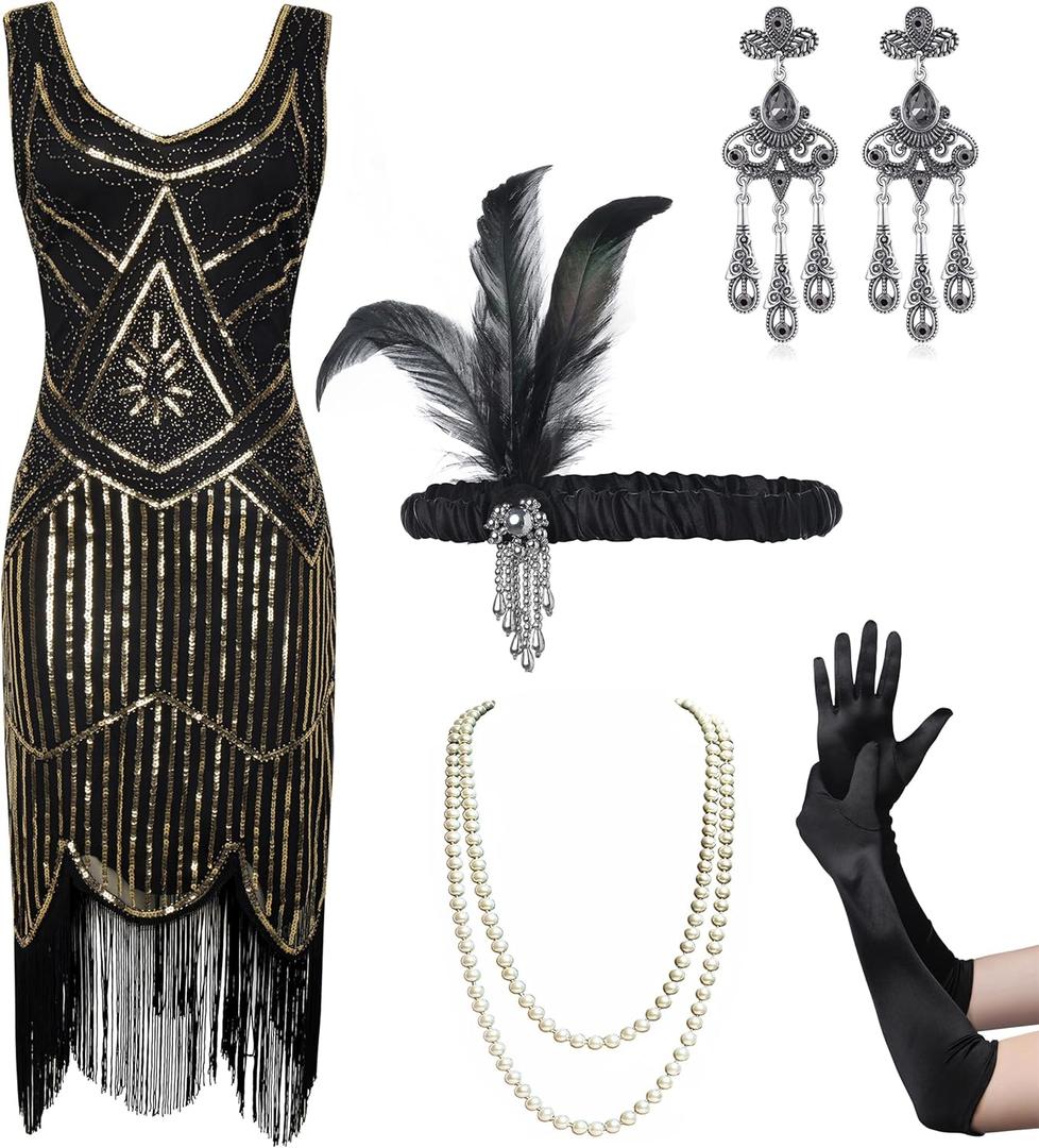 Coucoland Womens 1920s Flapper Sequin Beads Dress with Roaring 20s Gatsby Accessories Set for Party (XX-Large, Black & Gold)