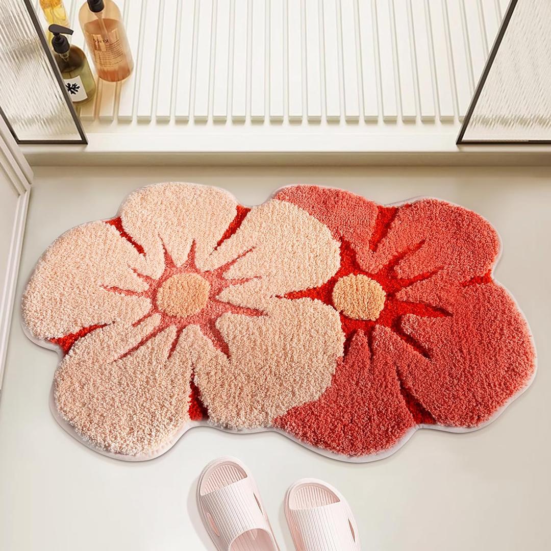 Bath Mat, Cute Flower Bathroom Rugs with Soft Thickened Microfiber, Absorbent Quick Dry Non Slip Bathtub Floor Mat, Machine Washable Plush Shaggy Decor Mat for Shower Doorway 18x28 Inch (47x75cm)