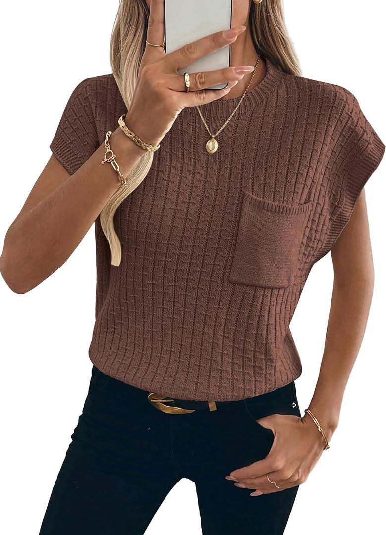 Womens Short Sleeve Sweaters Summer Cap Sleeve Tops Casual Crewneck Oversized Lightweight Knit Sweater Vest (Brown, XXL)