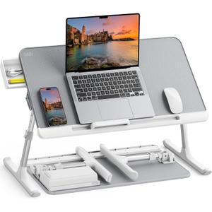 SAIJI Laptop Bed Tray Table, Adjustable PVC Leather Laptop Bed Table, Portable Standing Desk with Storage Drawer, Foldable Lap Tablet Table for Sofa Couch Floor (Gray)