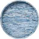 Pemar 12.6” Mother of Pearls Lacquer Inlaid Round Serving Tray with Handles, Round Decorative Nacred Wooden Ottoman Coffee Table Tray (Blue Tiles)