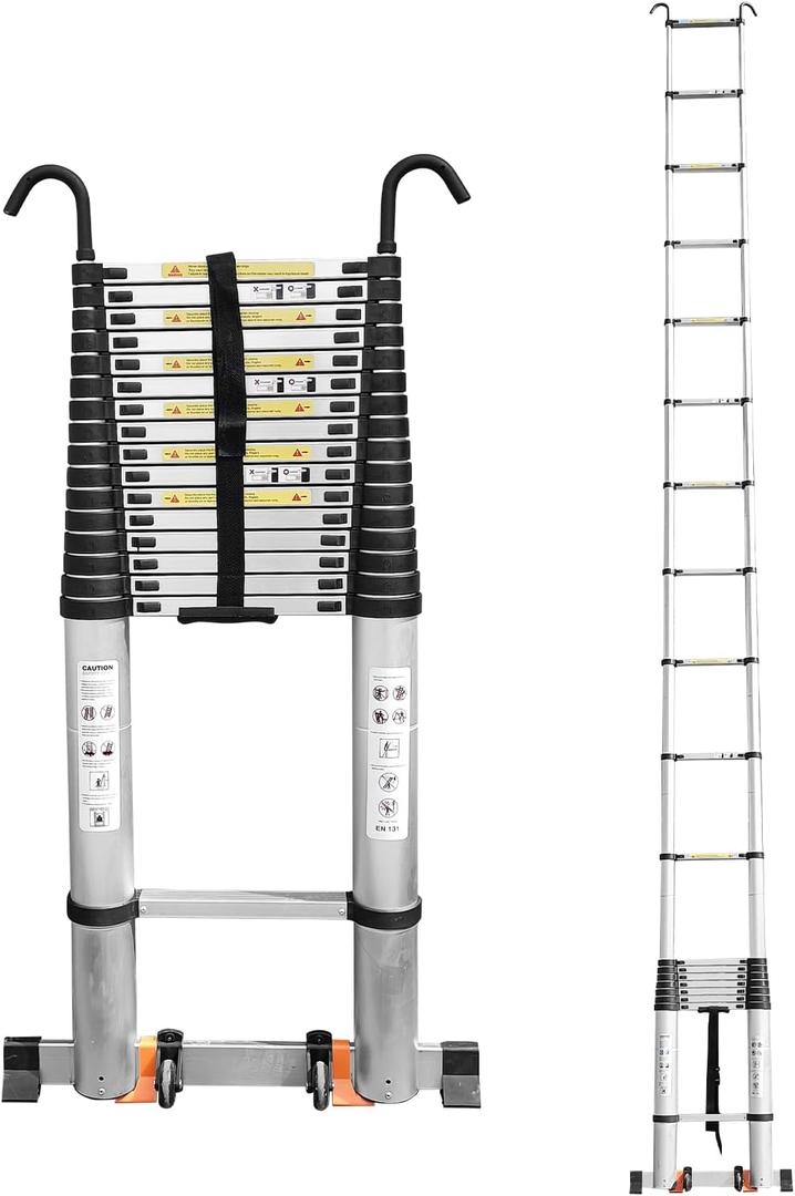JADDUO Telescoping Ladder, 24.6 FT Extension Ladder,Aluminum Lightweight Telescopic Ladder with 2 Triangle Stabilizers (24.6FT Hook Ladder Silver, Silver)