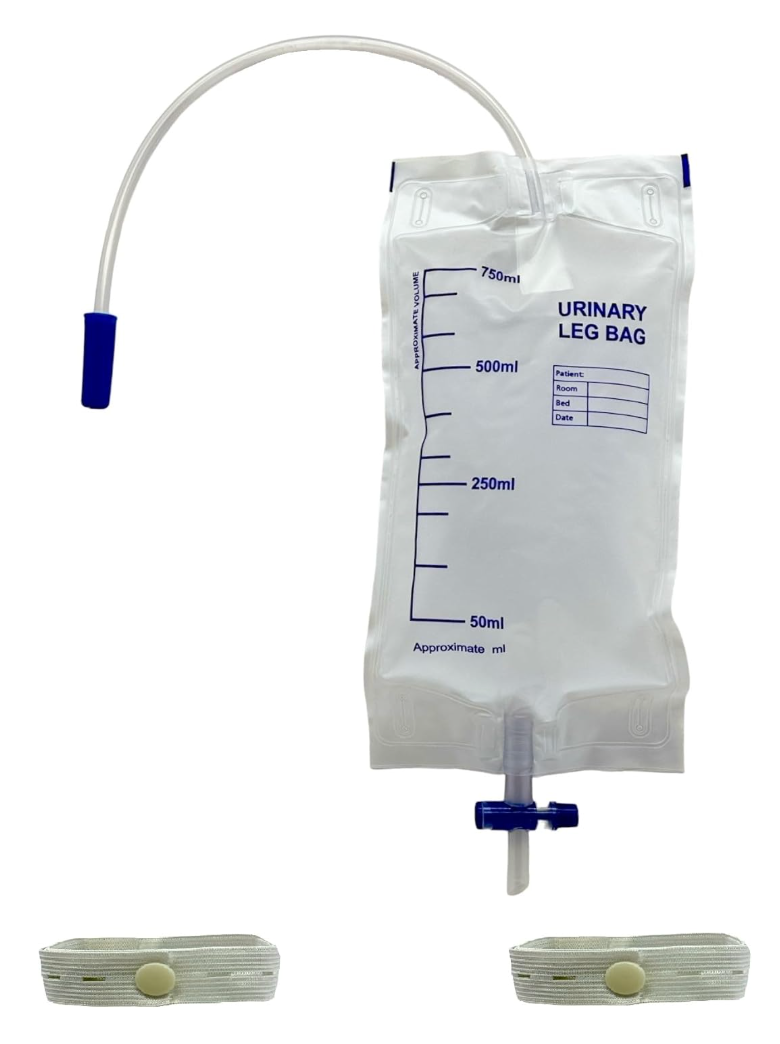 Bag for collecting urine for leg - disposable - capacity 750 ml - tube 35 cm - anti-reflux valve - T drain 