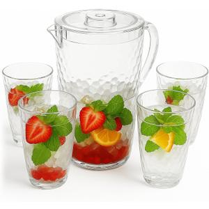 84 oz Crystal-Clear Pitcher with 4 Tumblers Set, BPA-Free Food-Grade Jug with 3-Position Lid & Spout  Large Beverage Pitcher for Party, Iced Tea, Lemonade, Sangria, Fridge,Clear