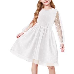 Arshiner Girls Mesh Dress Long Sleeve Tulle Sparkle Glitter Polka Dot Party Holiday Dresses Kids Clothes (White)