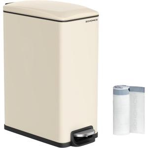 SONGMICS Slim Trash Can, 13-Gallon (50 L) Garbage Can for Narrow Spaces with Soft-Close Lid, Inner Bucket, and Step-on Pedal, Stainless Steel, 15 Trash Bags Included, Sand Beige ULTB510A01