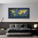 KUNHAAH World Map Wall Art Canvas Print, Vintage Gold Cracked Texture Map of the World Poster, Abstract Navy Blue Ocean Geography Art for Living Room Office Decor, Large Horizontal Map Framed 24"x48"