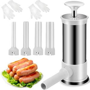 Sausage Stuffer Machine with 4 Stuffing Tubes & Rubber Gloves, Manual Vertical Meat Filler, 2.2L Large Capacity Sausage Maker Kit for Homemade Sausage, Household Kitchen Use (Silver-stainless steel)