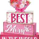 Yousoontic 4 Pcs Mother's Day Wooden Table Decor, Best Mom in the World Tiered Blocks Sign Pink Floral Tabletop Home Decoration Gift for Mom, Rose Bouquet Shelf Centerpiece for Birthday Celebration