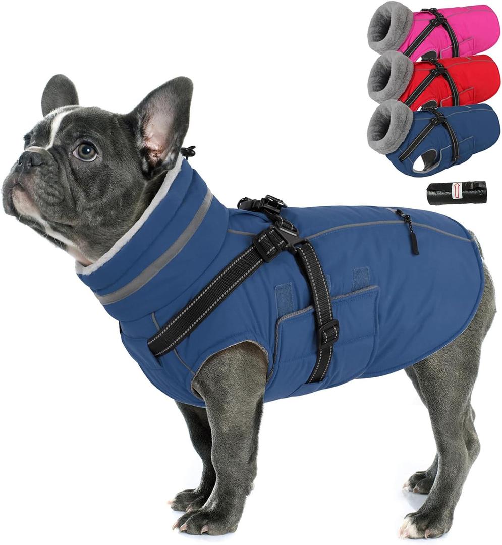 PETDSH Dog Coat Large, Built-in Harness Dog Jacket with Warm Fleece Lining, Waterproof Reflective Dogs Winter Coat, Pet Coats with Pocket and Trash Bags (Navy Blue, Large)