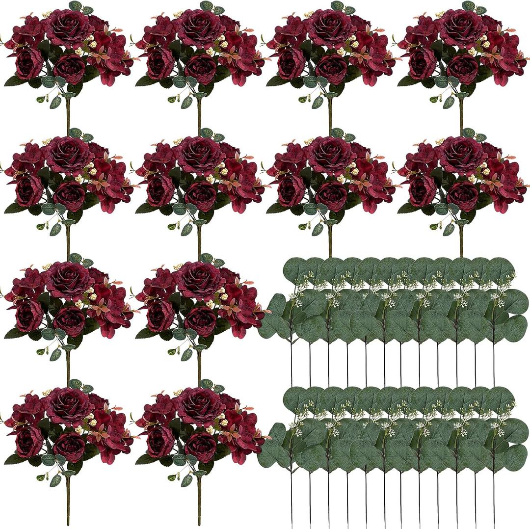 Peony Artificial Flowers, Faux Peonies Hydrangea Eucalyptus Bouquet 12 Packs Silk Vintage Realistic Peony Floral Arrangement for Vase Wedding Centerpiece Table Home Party Decor-Burgundy