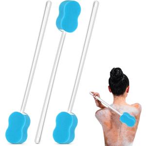 3 Pcs Long Handle Bath Sponge 22.4'' Back Sponge on a Stick Lightweight Back Washer Handled Butt Scrubber Shower Brush for Foot Body Cleaning Bathing Limited Motion (Blue)