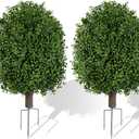 INSPRING 27'' Artificial Boxwood Topiary Trees Outdoor Fake Bushes Plants UV Resistant Evergreen Shrubs with Metal Ground Spike for Porch Patio Garden, 2 Pack