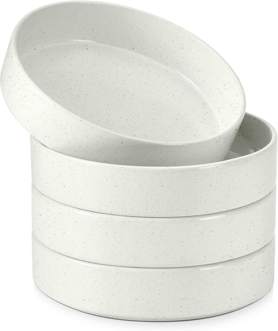 E-far Pasta Bowls Set of 4, 35oz Ceramic Large Salad Bowl Plates for Serving Soup Dinner, Shallow Stoneware Pasta Plate, Microwave & Dishwasher Safe, Speckled White