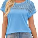 Imily Bela Womens Summer Tops Dressy Casual Short Sleeve Lace Trendy Shirts Crewneck T Shirt Hollow Out Loose Blouses, Light Blue, Medium