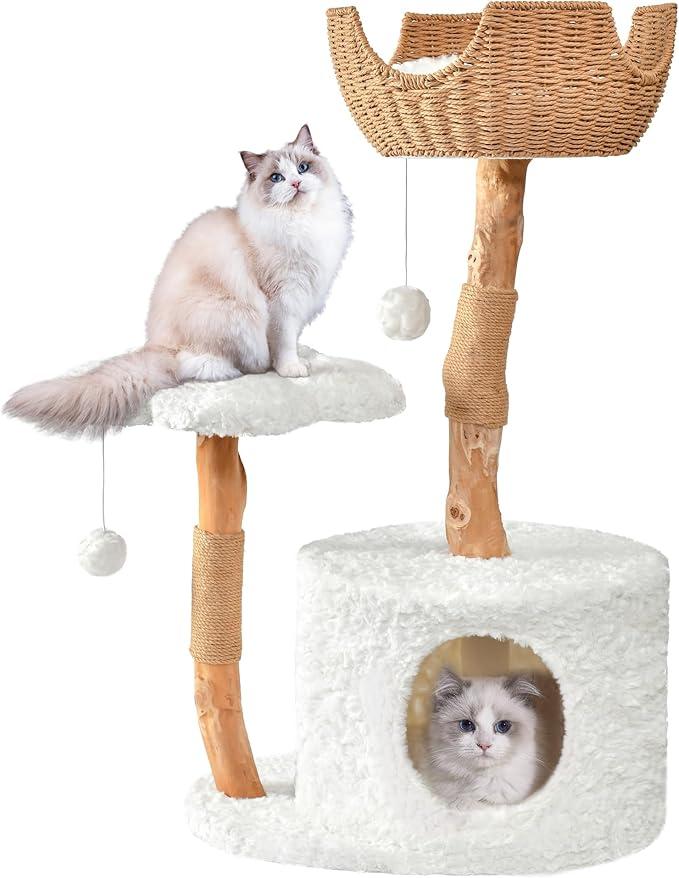 Easyego Modern Cat Tree, Aesthetic Wood Cat Tree Tower for Large Cats, Luxury Cat Condo with Scratching Posts and Flower Platforms, Cat Furniture by Easyego(Modern White) (35.5'')