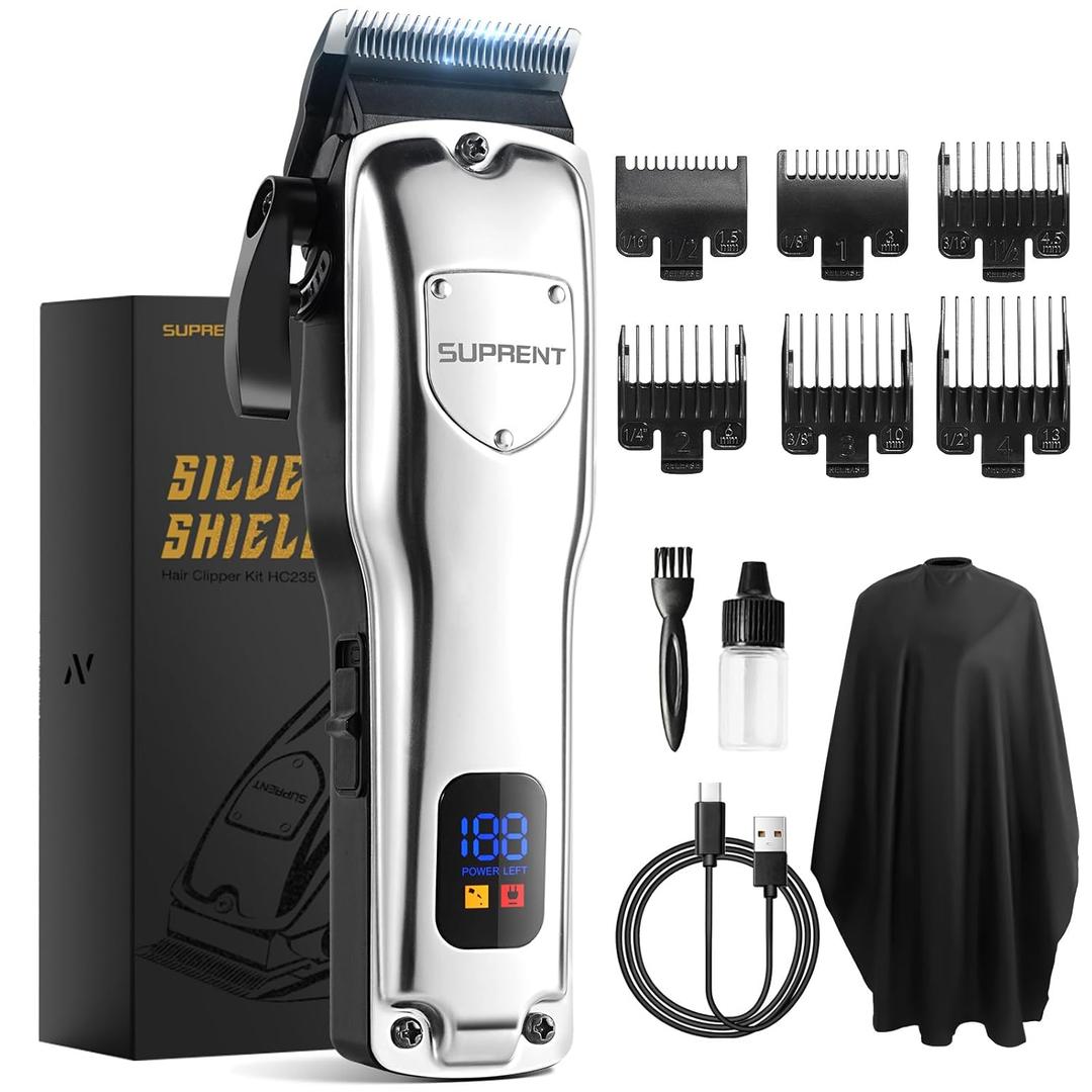 SUPRENT Cordless Hair Clippers for Men Professional Hair Cutting Trimmer with LED Display Trimmer for Barbers & Home Use (Silver)
