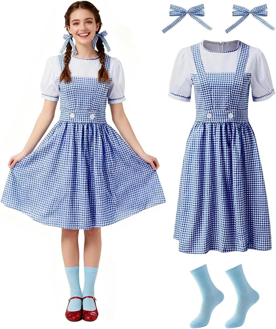 IMISHM Halloween Costumes for Women Girl Storybook Adults Character Costume Blue White Gingham Dress Hair Ribbons sock set (XL)