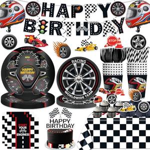 Yingoto 187Pcs Race Car Birthday Party Decorations Tableware Set Serve 25, All-in-1 Cars Birthday Decorations Includes Banner, Plates, Tablecloths, Cake Decorations, Balloons for Race Car Themed Party